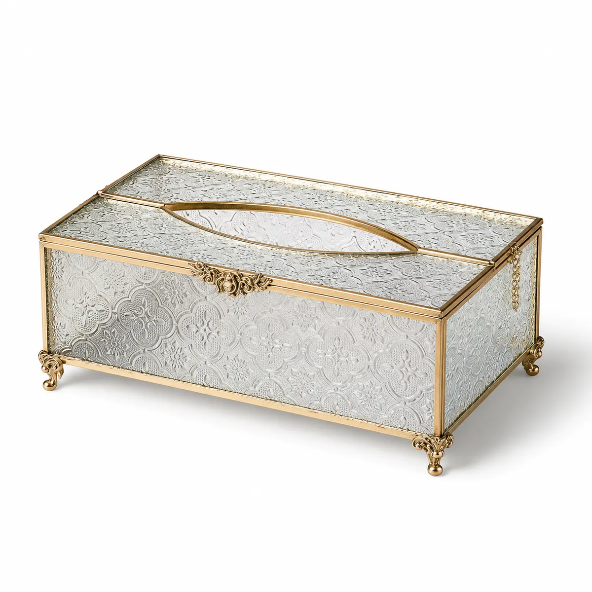 Luxury Glass Tissue Box with Gold Metal Frame - Elegant Classic Tissue Dispenser