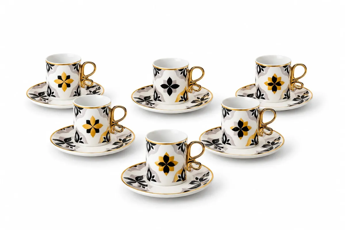 Luxury Porcelain Coffee Cup Set – 6 Cups & 6 Coasters (12-Piece Set) in Andalusian & Geometric Patterns
