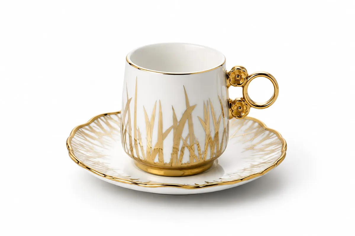 Luxury Porcelain Coffee Cup Set with Gold Design – 6 Cups & 6 Coasters (12-Piece Set) – Royal Hospitality Set