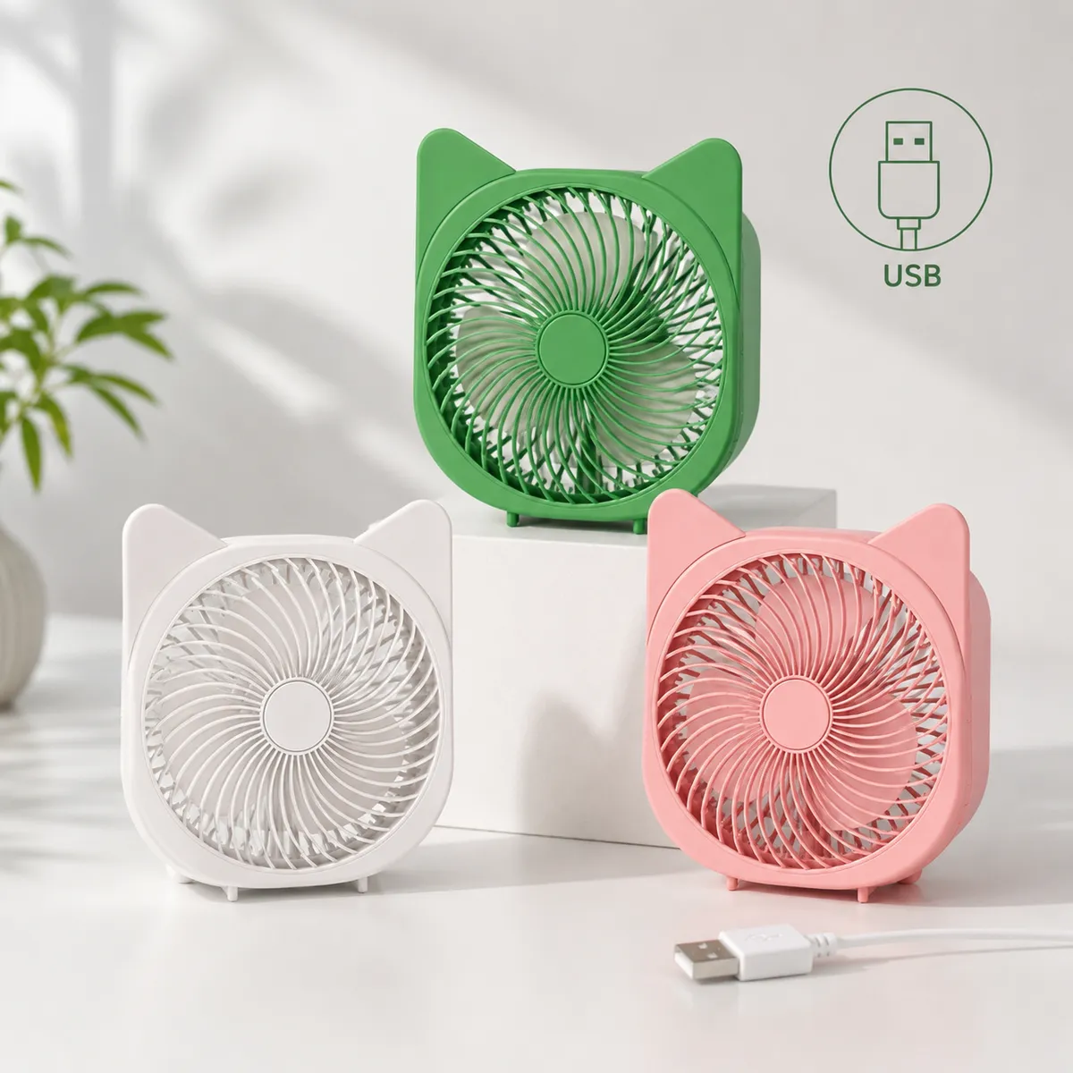 Cute Ears USB Rechargeable Desk Fan - Portable Personal Cooling Fan for Home & Office