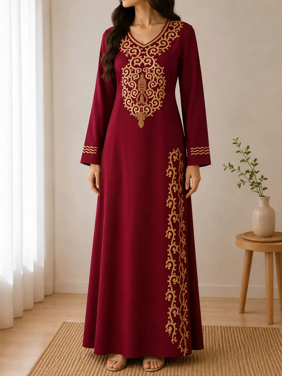 Women's Burgundy 100% Pure Cotton Jalabiya with Luxurious Gold Embroidery