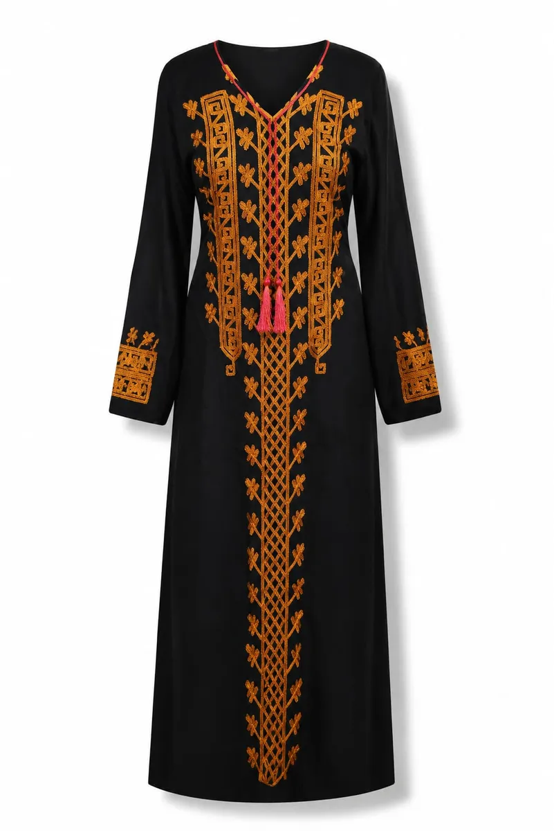 Women's Black 100% Pure Cotton Jalabiya with Copper Heritage Embroidery & Fuchsia Accents