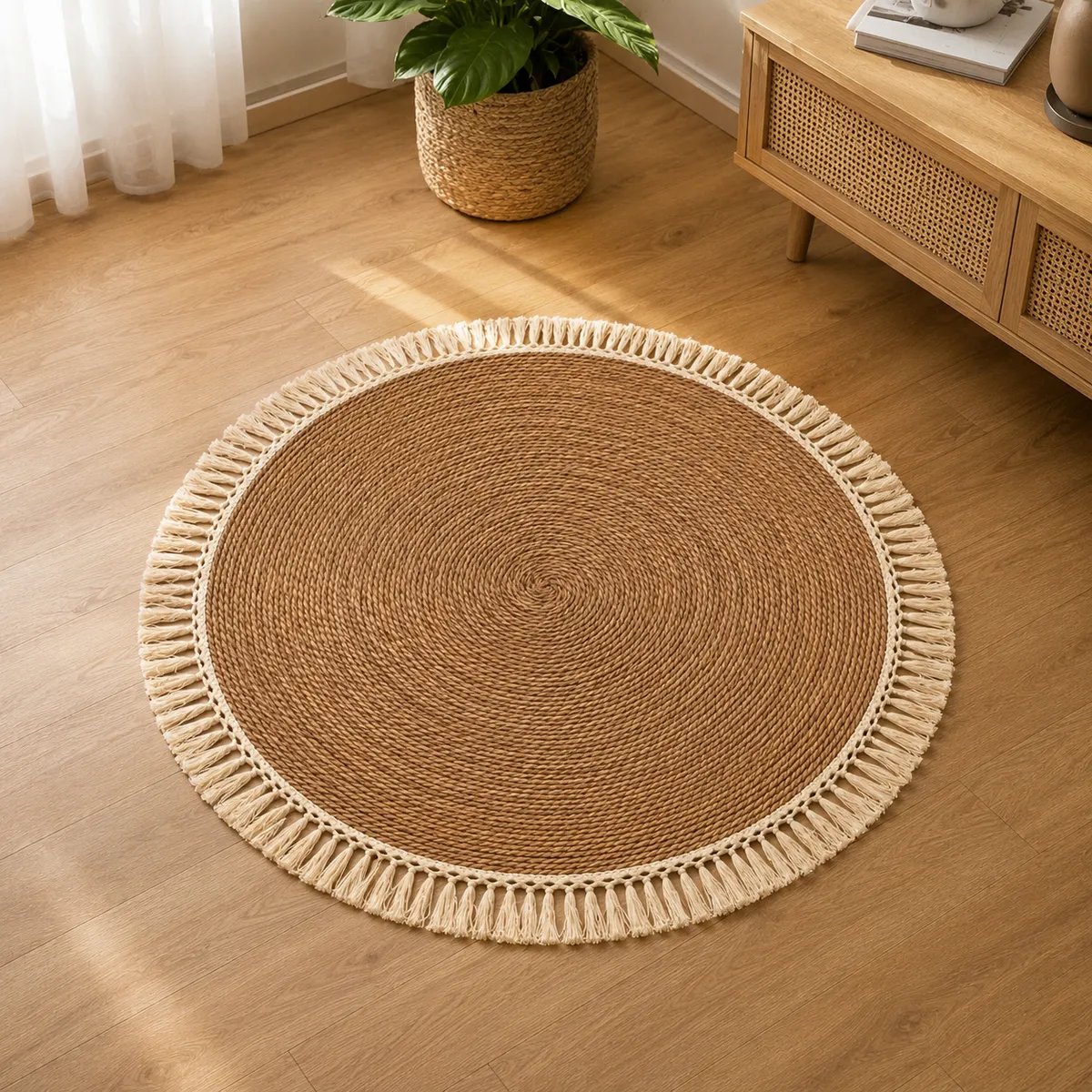 Handcrafted Natural Jute Round Rug with Fringe – Modern Bohemian Home Accent