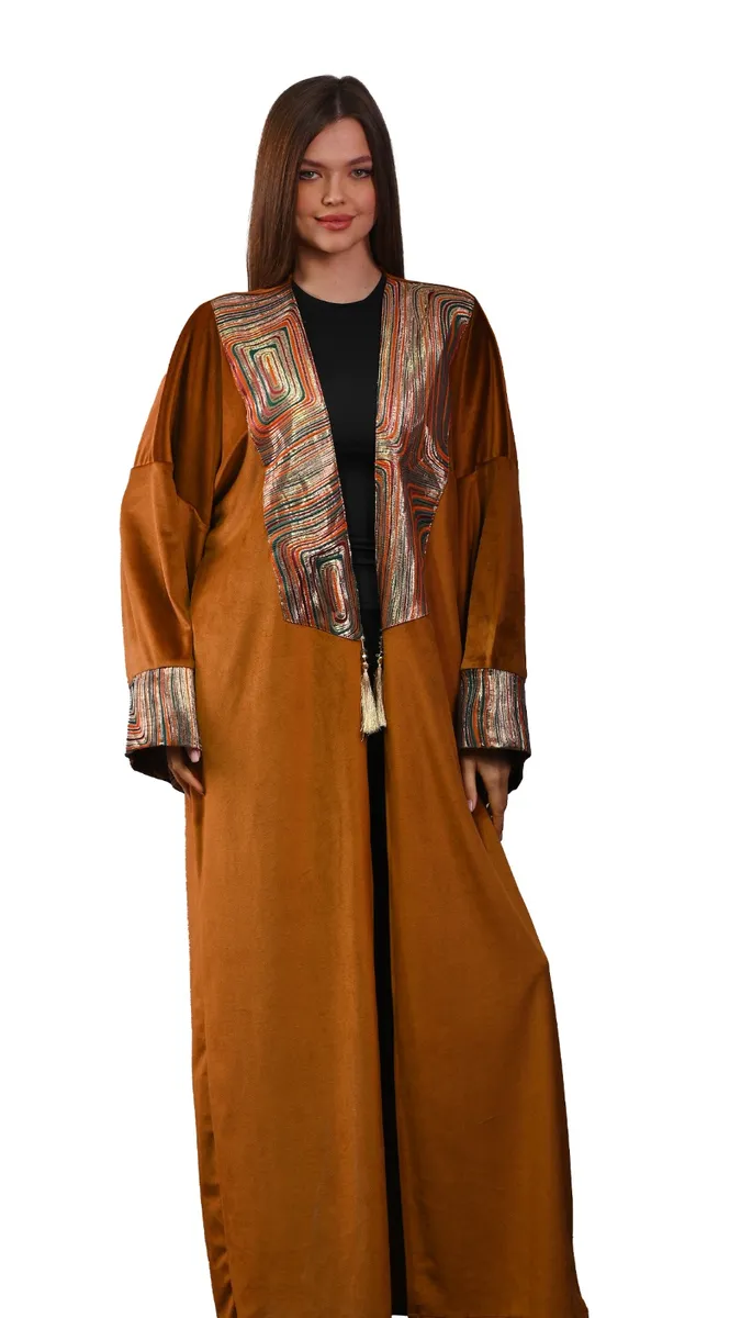 Women’s Embroidered Caramel Velvet Jacquard Kaftan Free Size - Cozy Winter Luxury