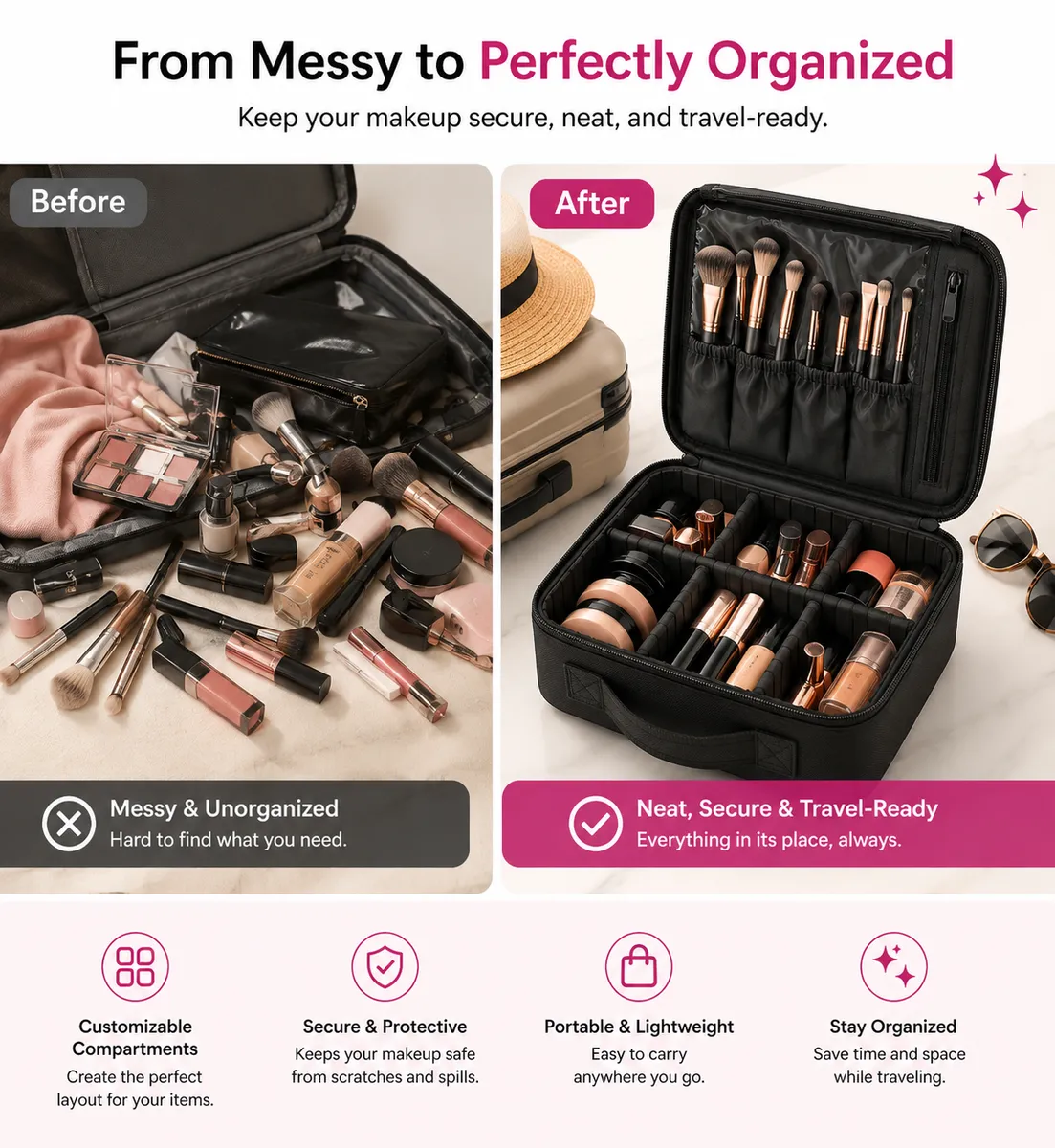 Makeup Organizer Case 25 × 23 × 9 cm – Portable Travel Cosmetic & Toiletry Bag with Adjustable Dividers