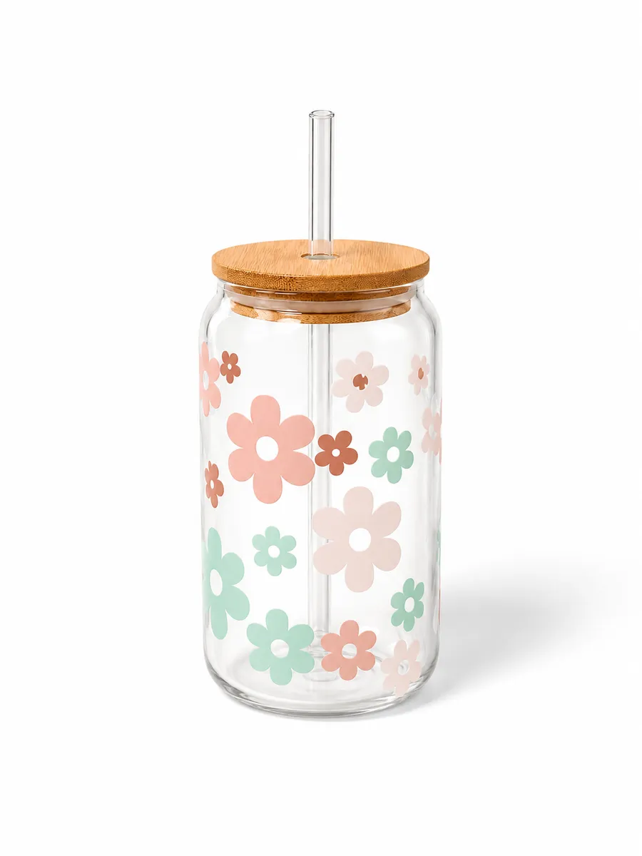 4-Piece Glass Can Mug Set (4 Unique Designs) with Bamboo Lids & Glass Straws – Aesthetic Iced Coffee Tumblers