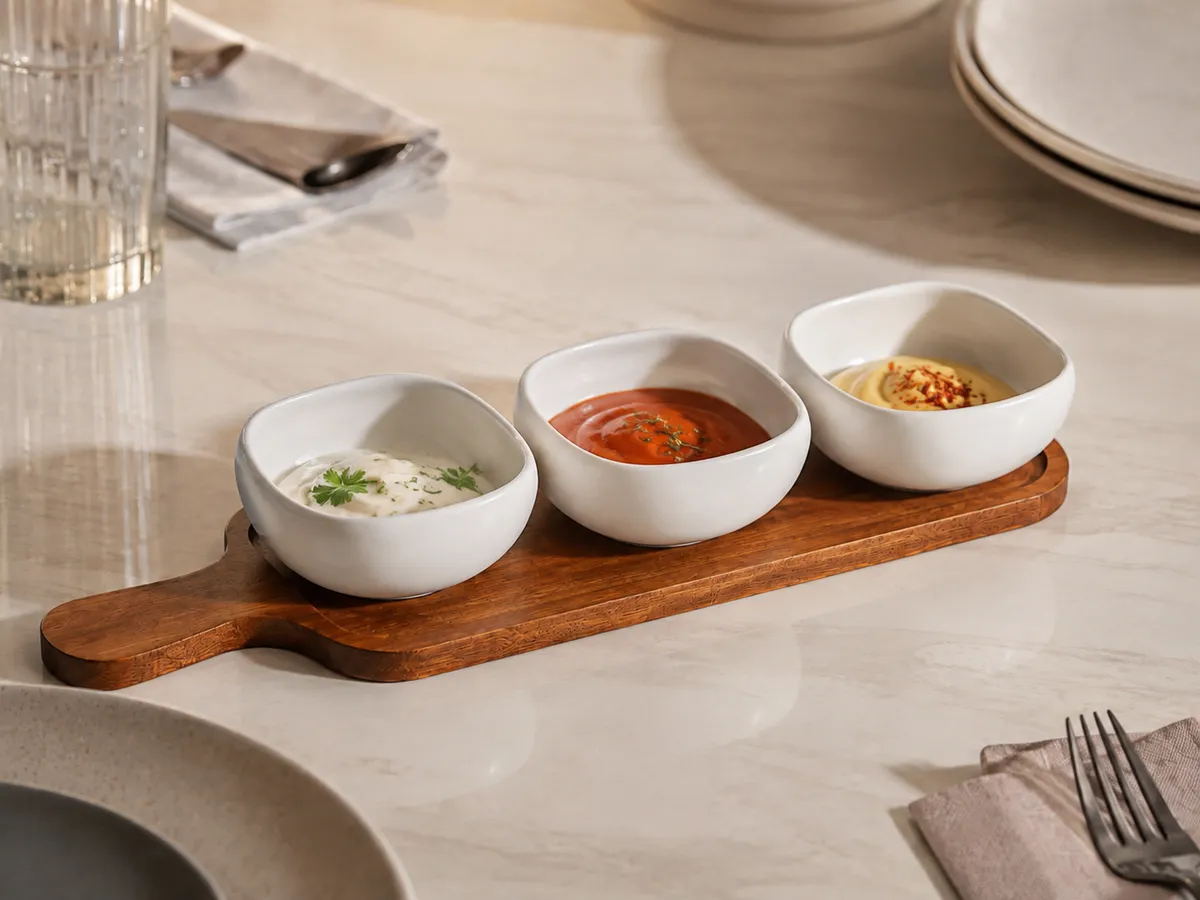 3-Piece Porcelain Snack & Candy Serving Set with Natural Wooden Base – Luxury Appetizer Bowls