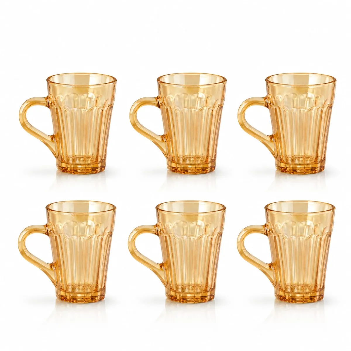 6-Piece Honey Glass Tea Cup Set with Ribbed Design (Vintage Colored Tea Mugs)