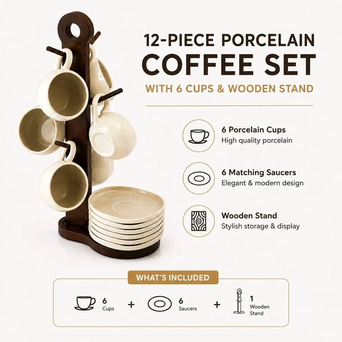 12-Piece Porcelain Coffee Cup Set with 6 Cups and Wooden Stand (Espresso & Turkish Coffee Set)