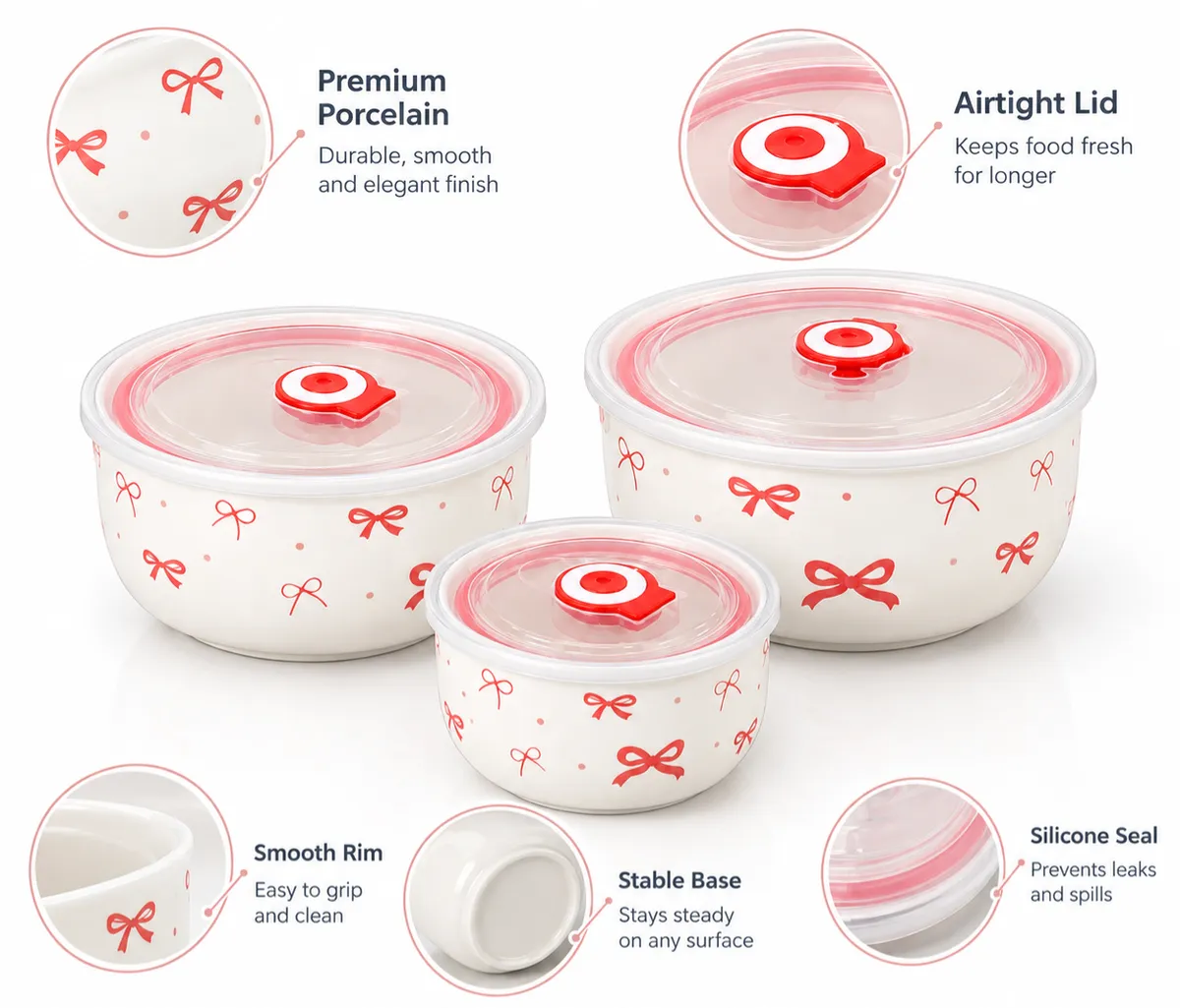 3-Piece Bow Pattern Refrigerator Food Storage Container Set with Airtight Lids
