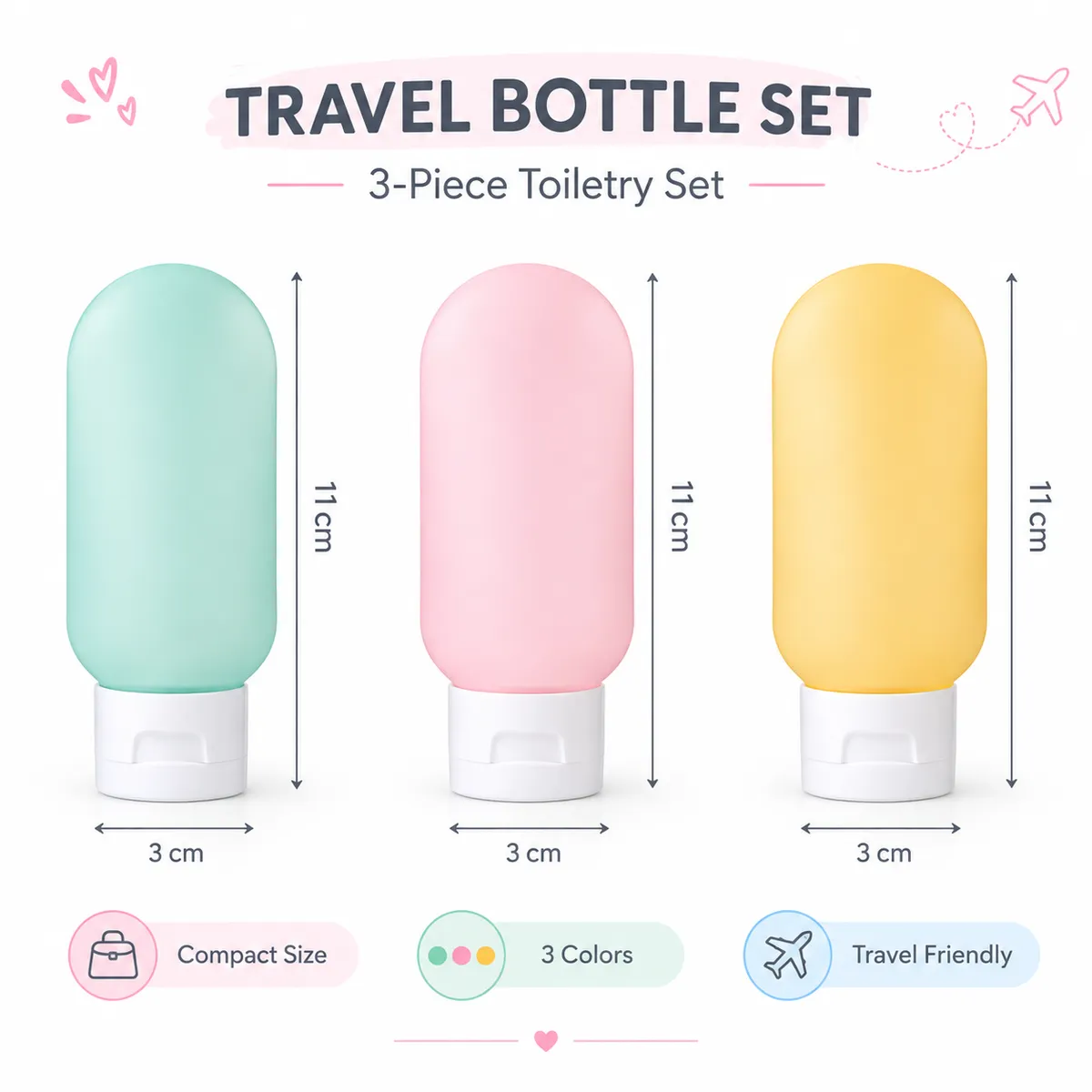 3-Piece Leak-Proof Silicone Travel Bottle Set for Shampoo, Lotion & Creams