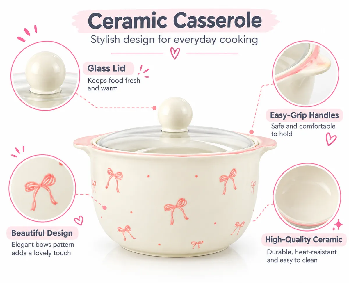 Bow Pattern Ceramic Soup & Noodle Bowl with Glass Lid and Handles