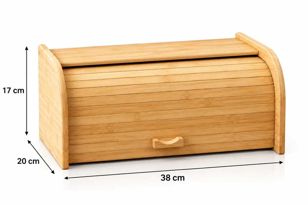 صندوق حفظ الخبز والمخبوزات من خشب البامبو بغطاء رول (38×20×17 سم) – علبة تنظيم رخامة المطبخ