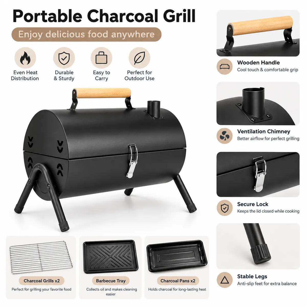 Portable Barrel Charcoal BBQ Grill – Outdoor Camping Grill with Double Cooking Surface