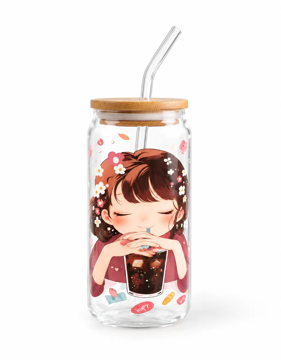 550ml Glass Mason Jar Tumbler with Bamboo Lid & Reusable Straw – Iced Coffee & Smoothie Cup