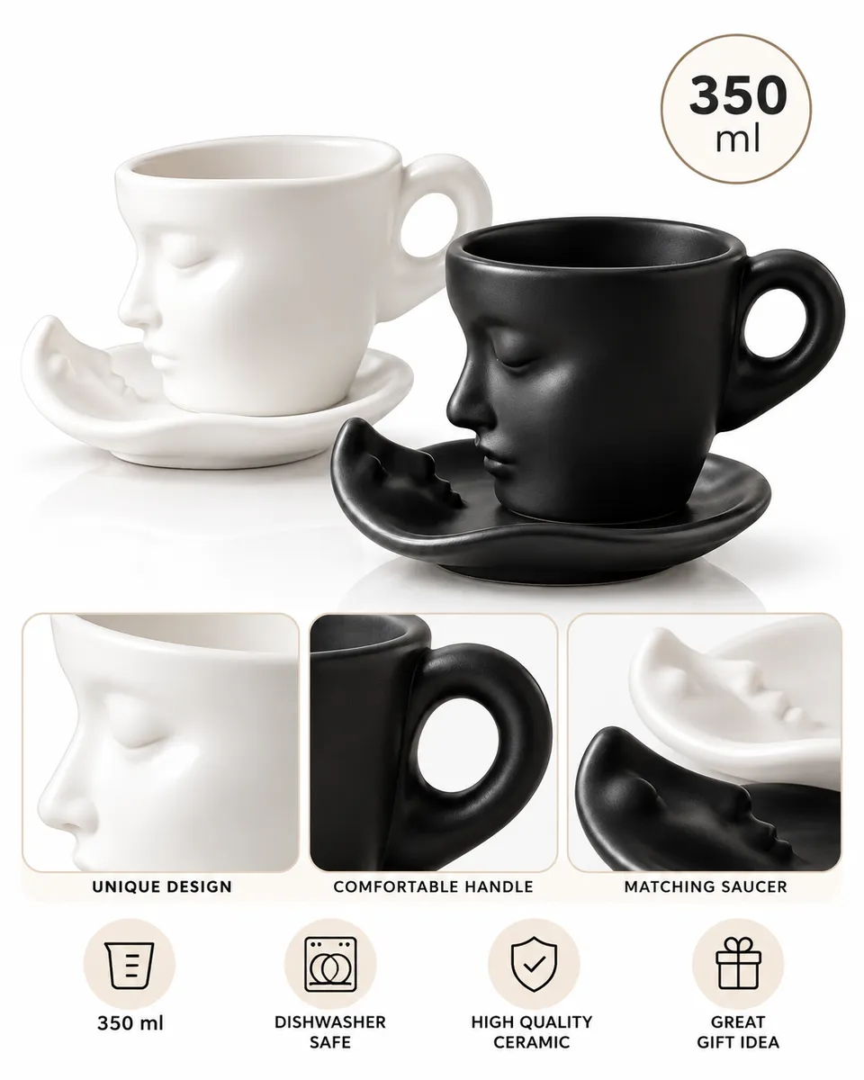 350ml Premium Ceramic Tea & Coffee Cup with Saucer Set – Elegant Mug (White / Black)