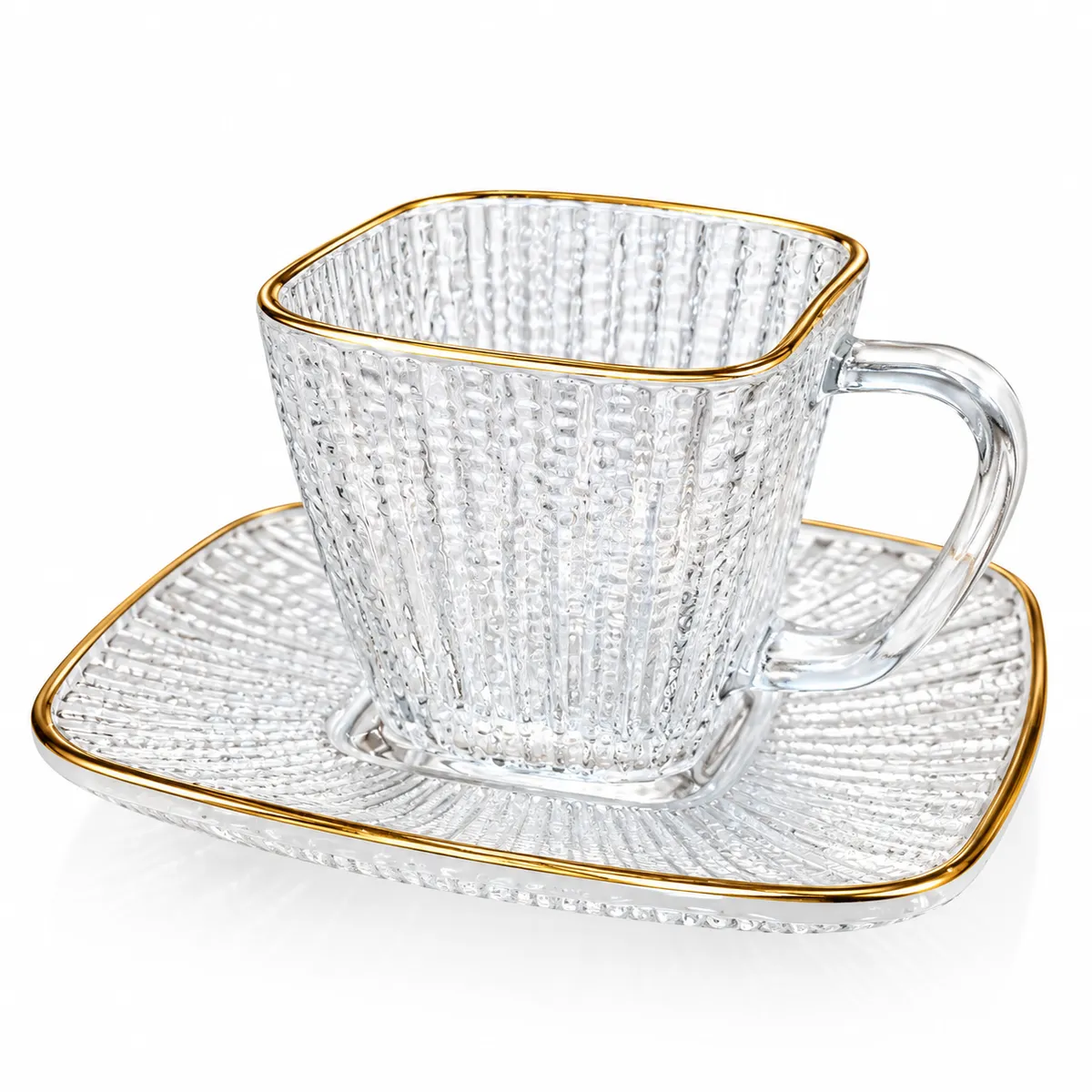 12-Piece Square Glass Tea Cup & Saucer Set with Gold Rim – Luxury Drinkware Set