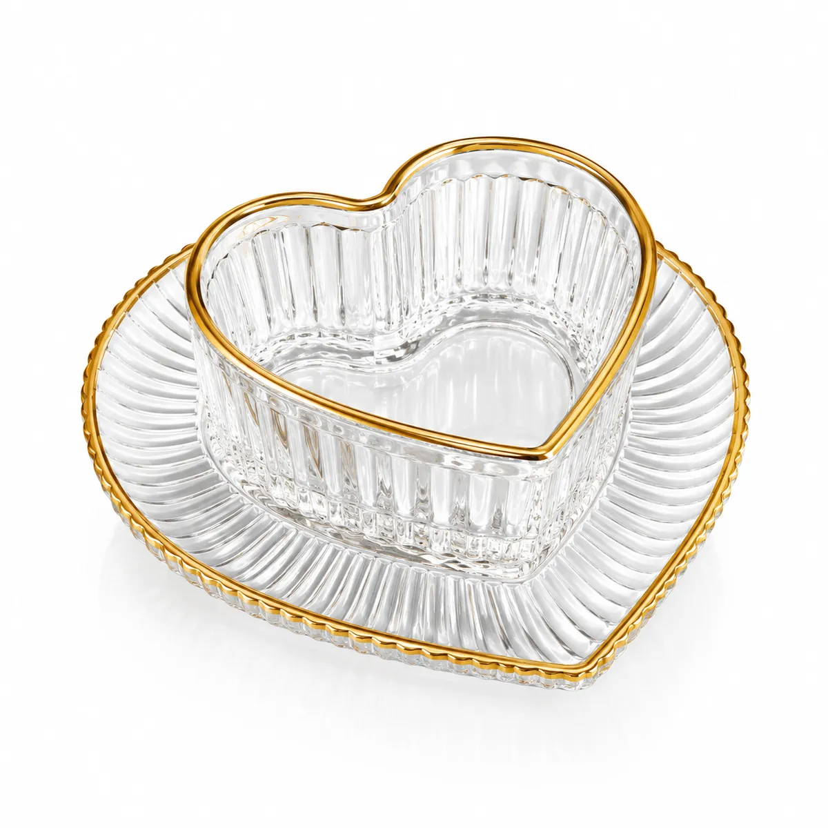 12-Piece Heart-Shaped Glass Bowl & Plate Set with Gold Rim – Luxury Dessert Serving Set