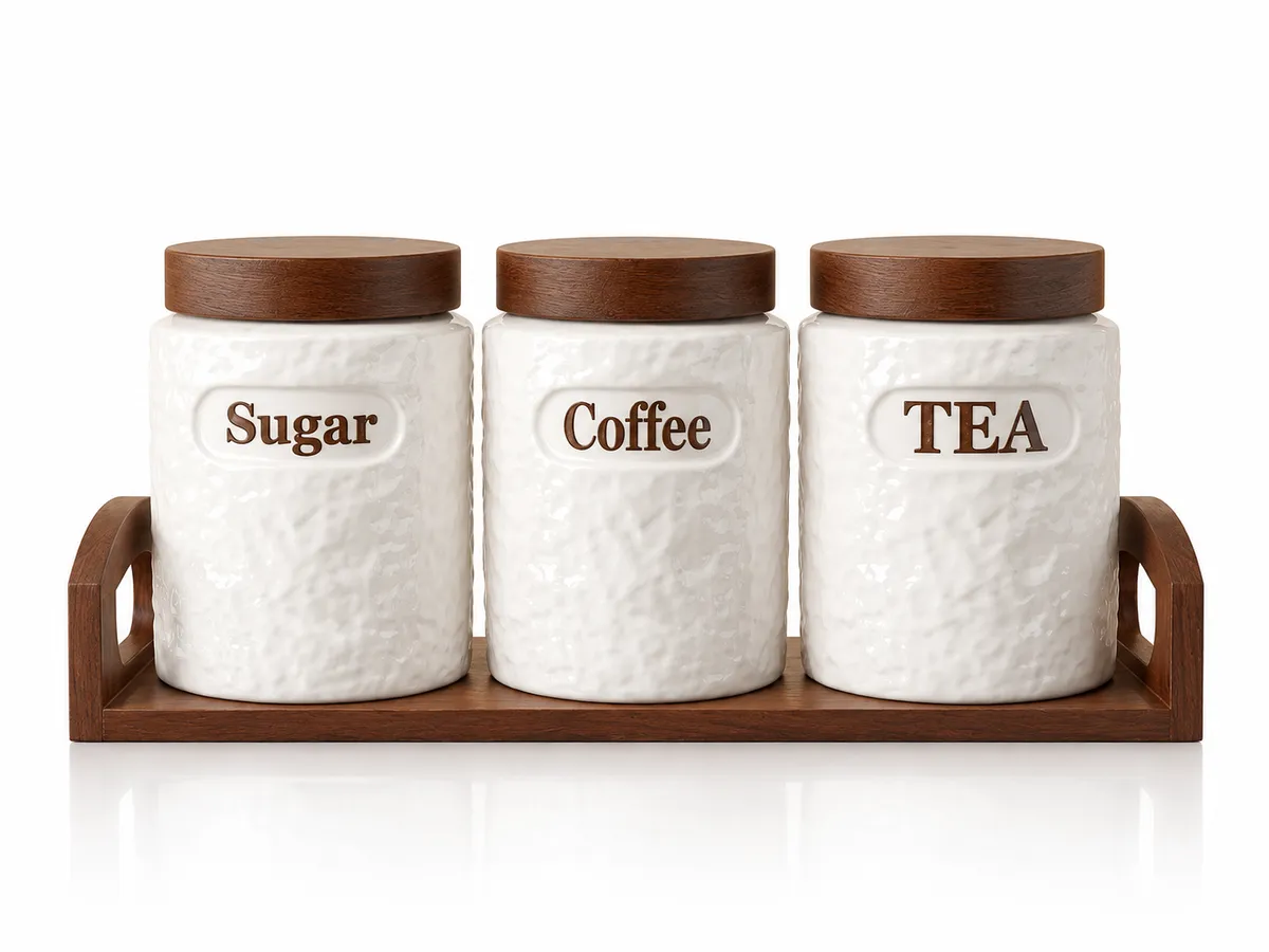 3-Piece Porcelain Storage Jar Set with Bamboo Tray – Sugar, Tea & Coffee Canisters (500ml)