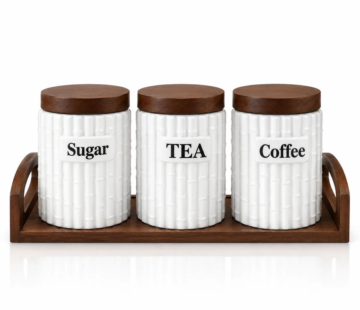 3-Piece Porcelain Storage Jar Set with Bamboo Tray – Sugar, Tea & Coffee Canisters (500ml)