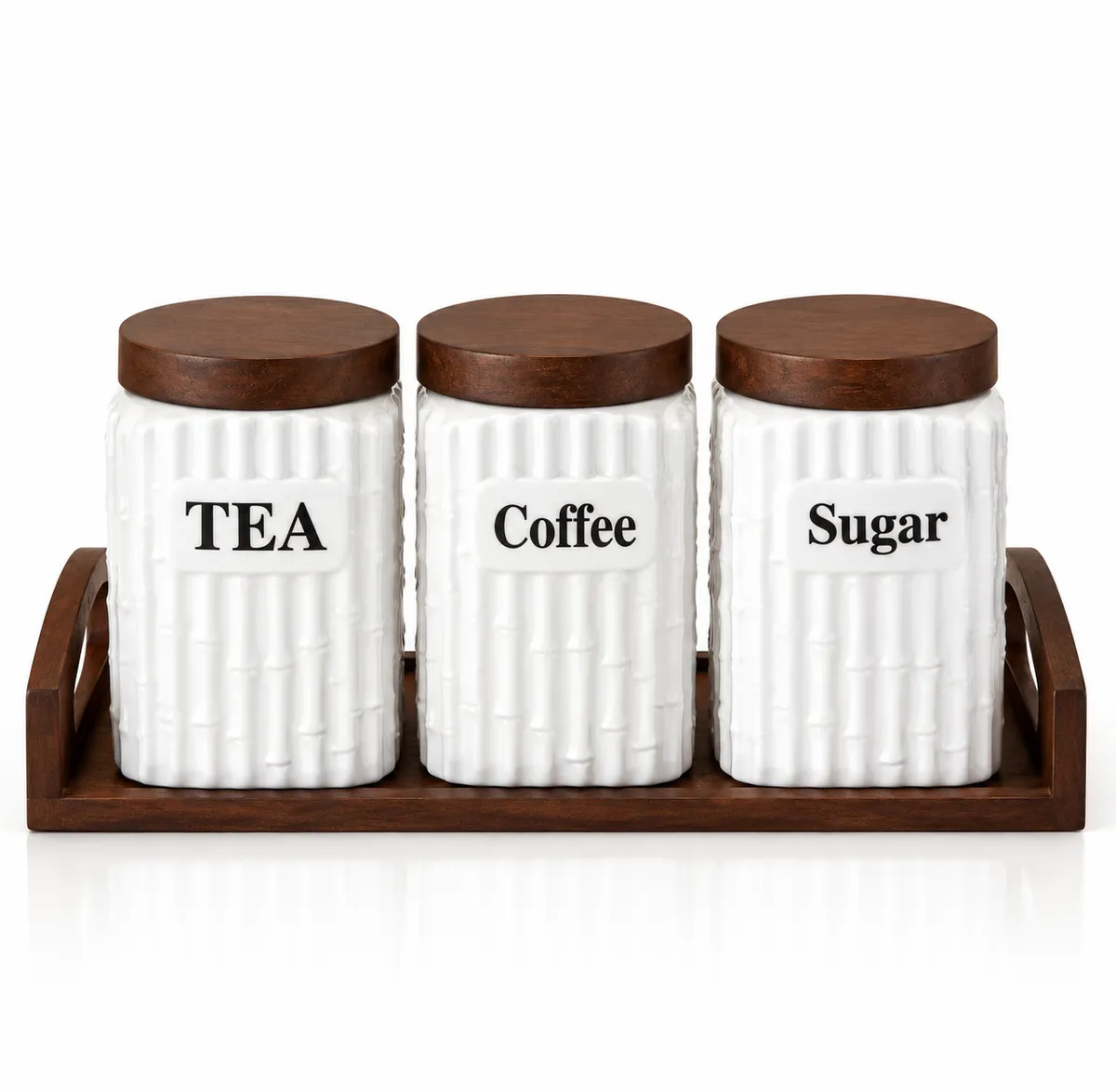 3-Piece Porcelain Storage Jar Set with Bamboo Tray – Sugar, Tea & Coffee Canisters (500ml)