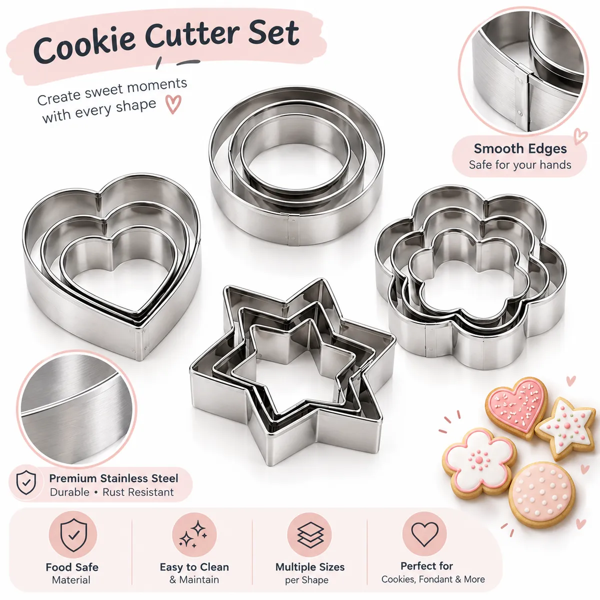Stainless Steel Cookie & Dough Cutters Set – 12 Pieces (Assorted Shapes Baking Tools)