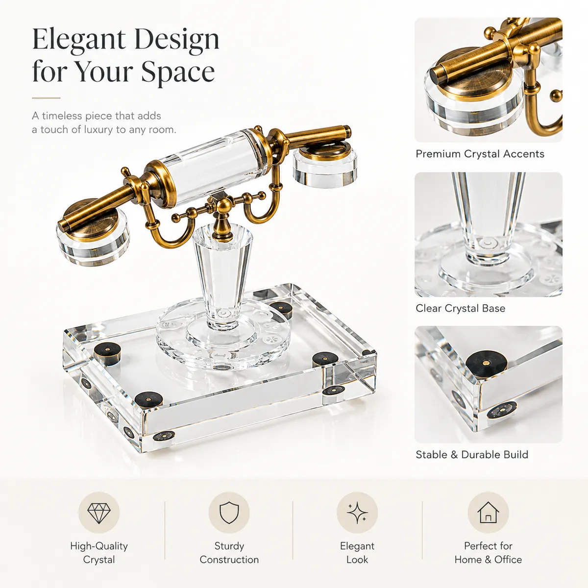 Luxury Crystal, Marble & Metal Decorative Telephone for Office & Home Decor