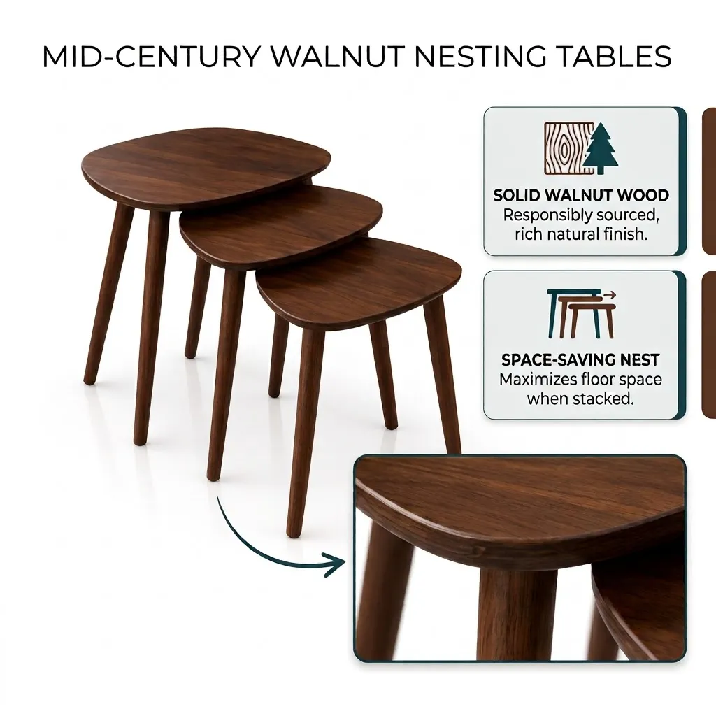 3-Piece Natural Wood Triangular Nesting Side Tables Set for Living Room
