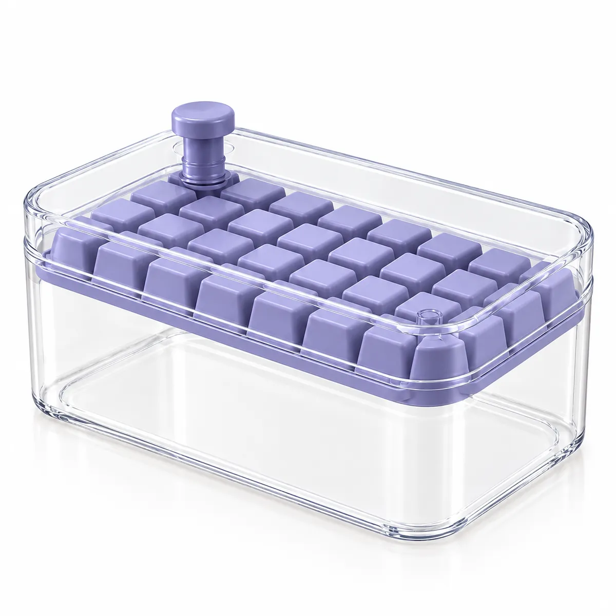 2-in-1 Purple Ice Cube Maker with Flexible Silicone Tray, Storage Bin & Scoop