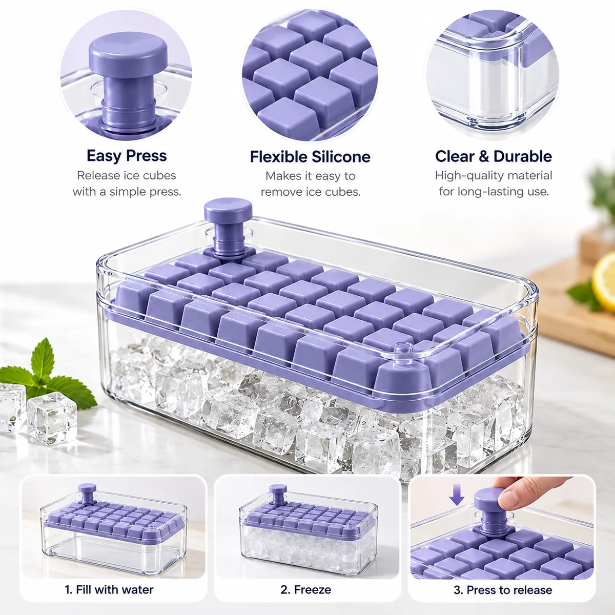 2-in-1 Purple Ice Cube Maker with Flexible Silicone Tray, Storage Bin & Scoop