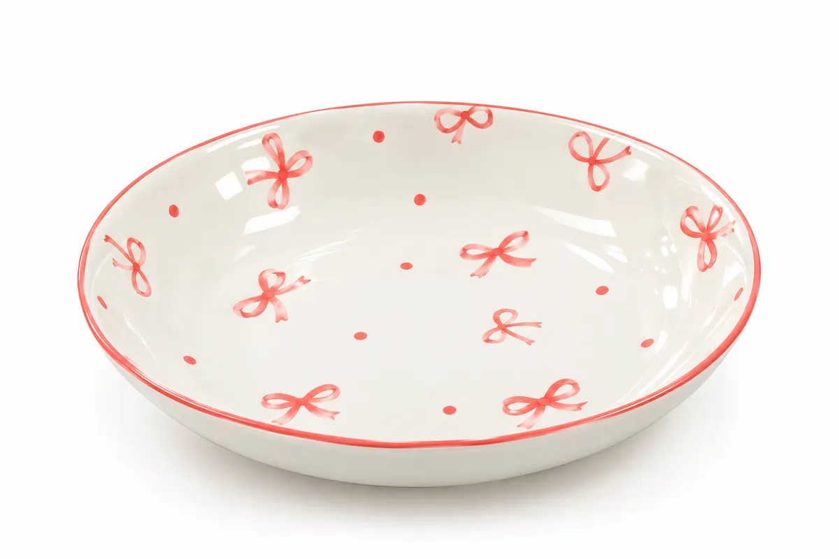 Flat, round porcelain plate featuring a design of pink bows and red hearts – 20 cm (serving plate for desserts and appetizers)