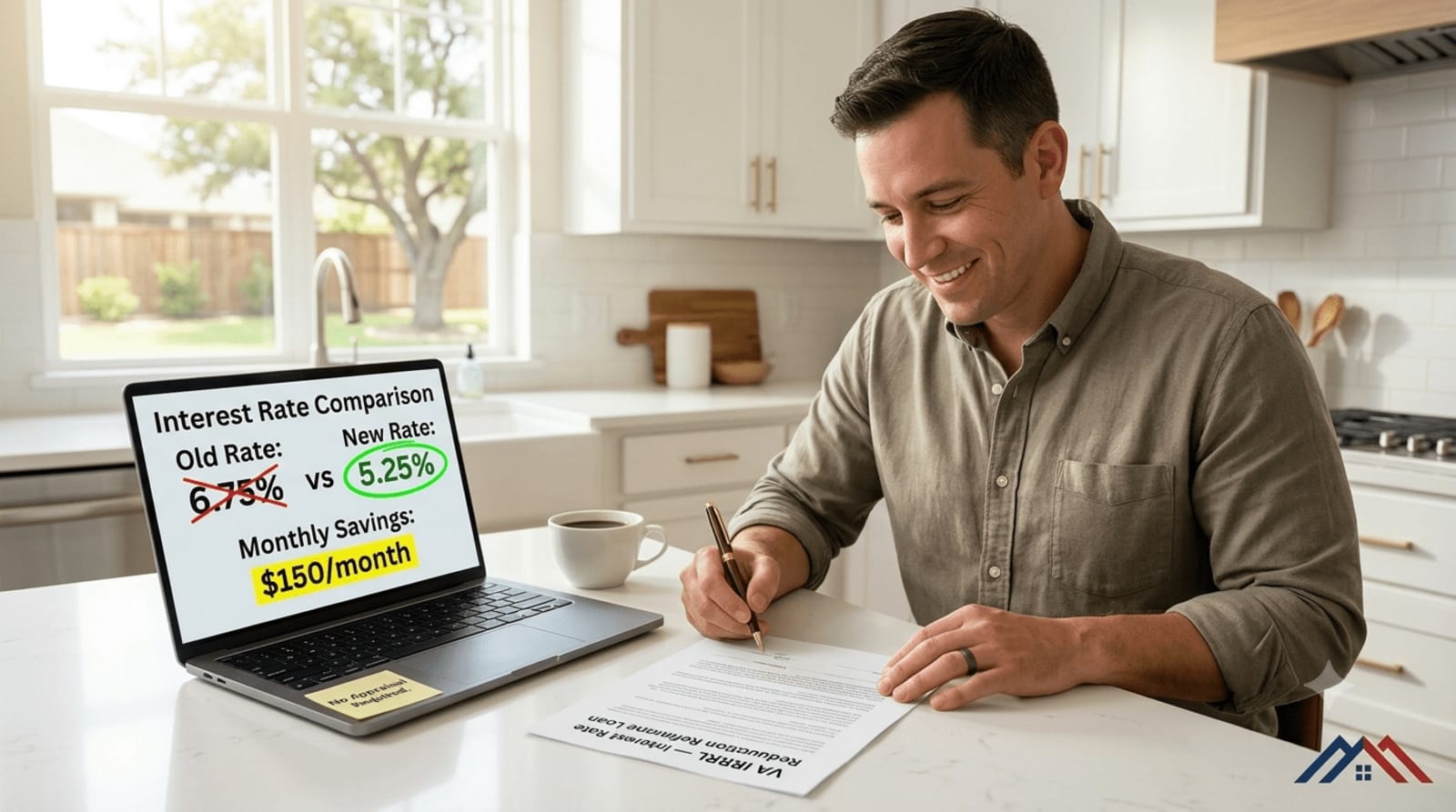 Veteran homeowner reviewing IRRRL refinance documents at kitchen table