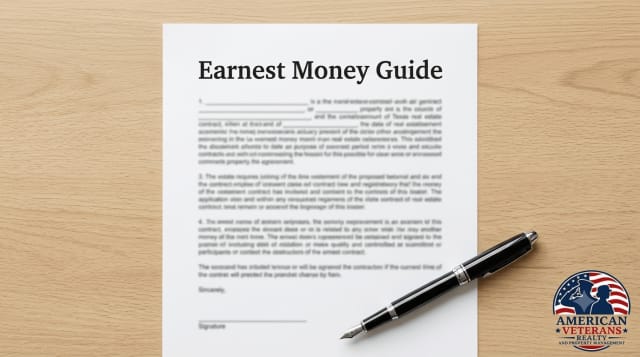 Texas homebuyer signing earnest money contract with real estate agent at closing table