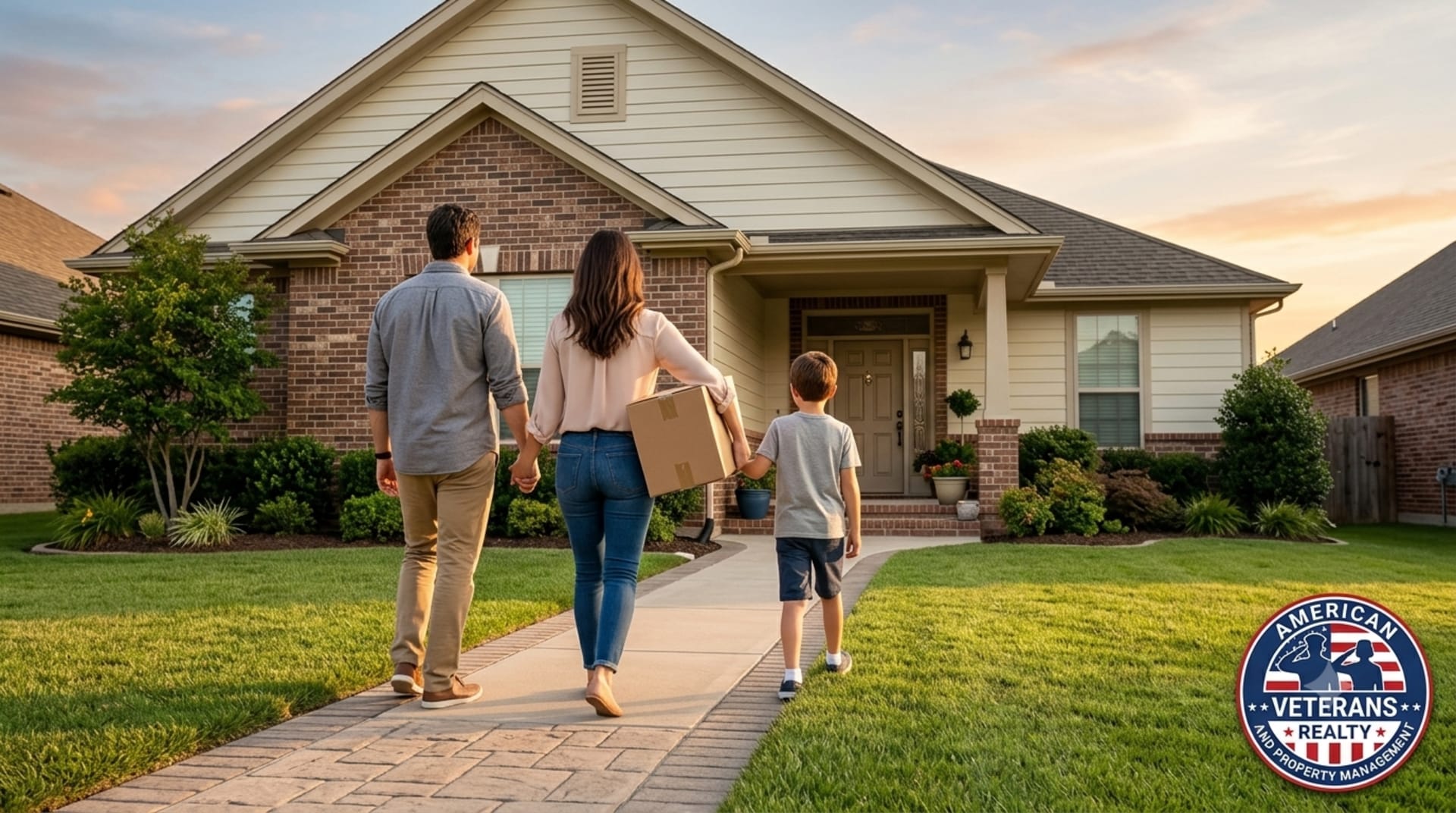 Happy family standing in front of their newly purchased home in Killeen TX