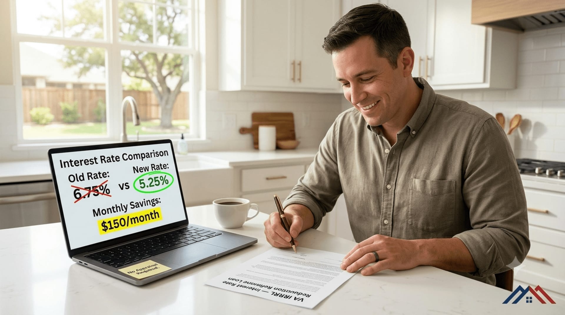 Veteran homeowner reviewing IRRRL refinance documents at kitchen table