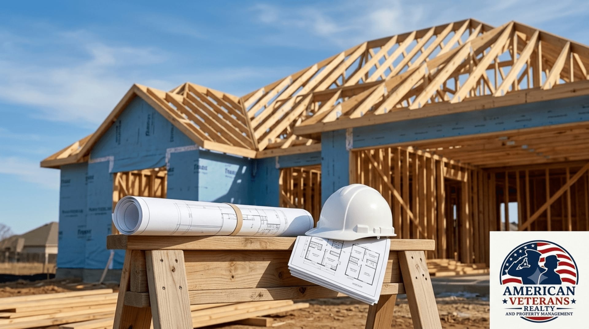 New construction home being built in Austin Texas suburb with frame and roof structure