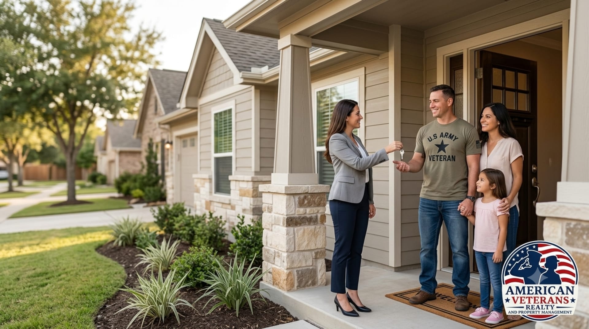 Veteran family getting keys to their new home after using VA loan benefits