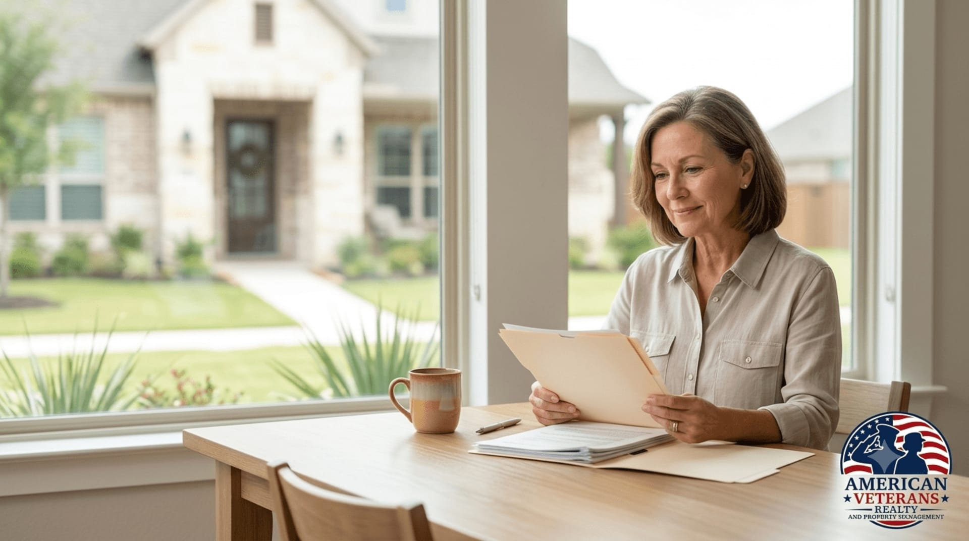 Surviving spouse of veteran reviewing VA home loan benefits documents in Texas home
