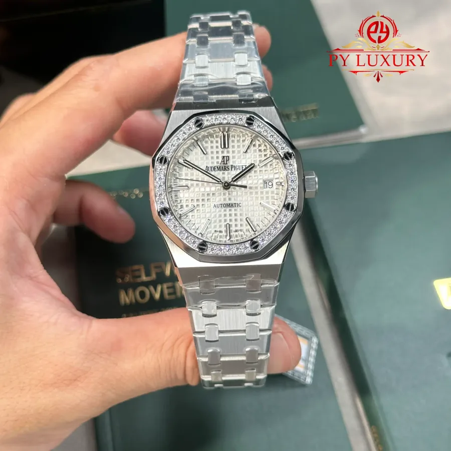 Audemars Piguet Royal Oak 15451ST White Dial Custom Moissanite Bezel 37mm Super Clone Watch - Angle 2 - Jack Watches USA