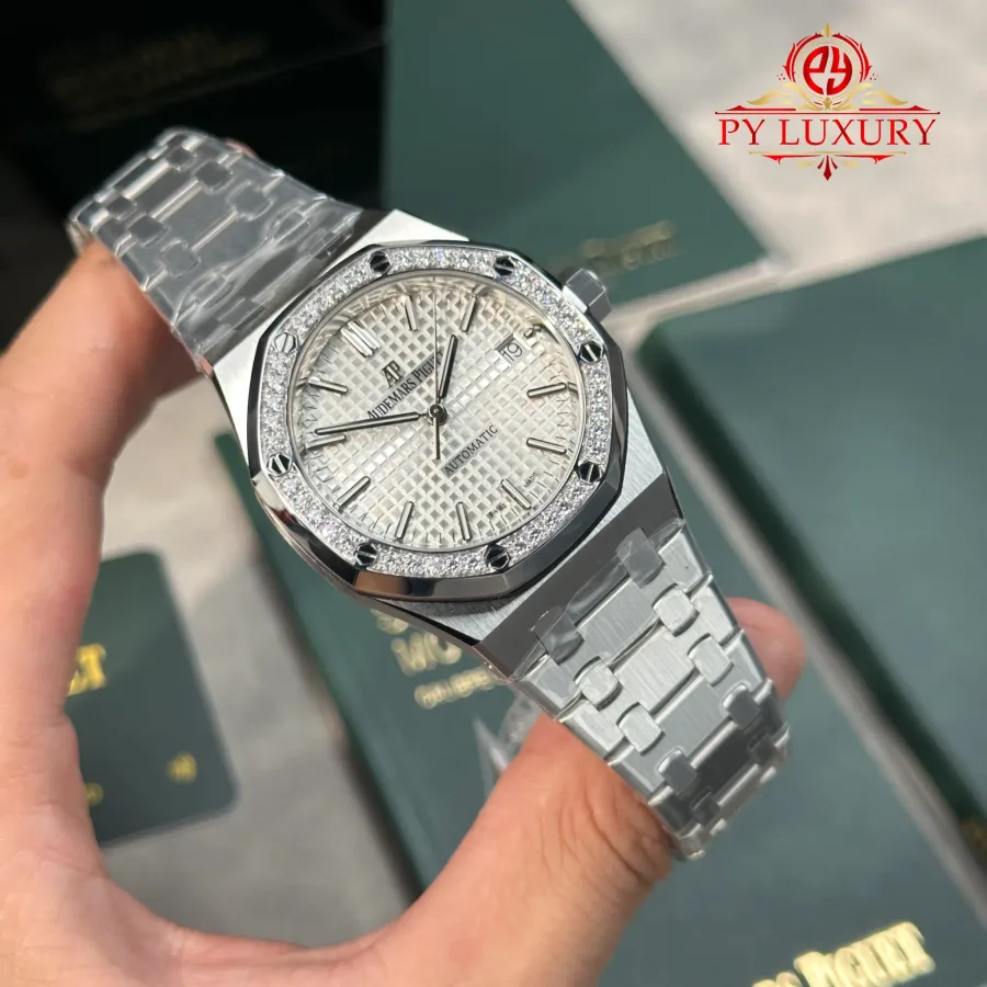 Audemars Piguet Royal Oak 15451ST White Dial Custom Moissanite Bezel 37mm Super Clone Watch - Angle 3 - Jack Watches USA