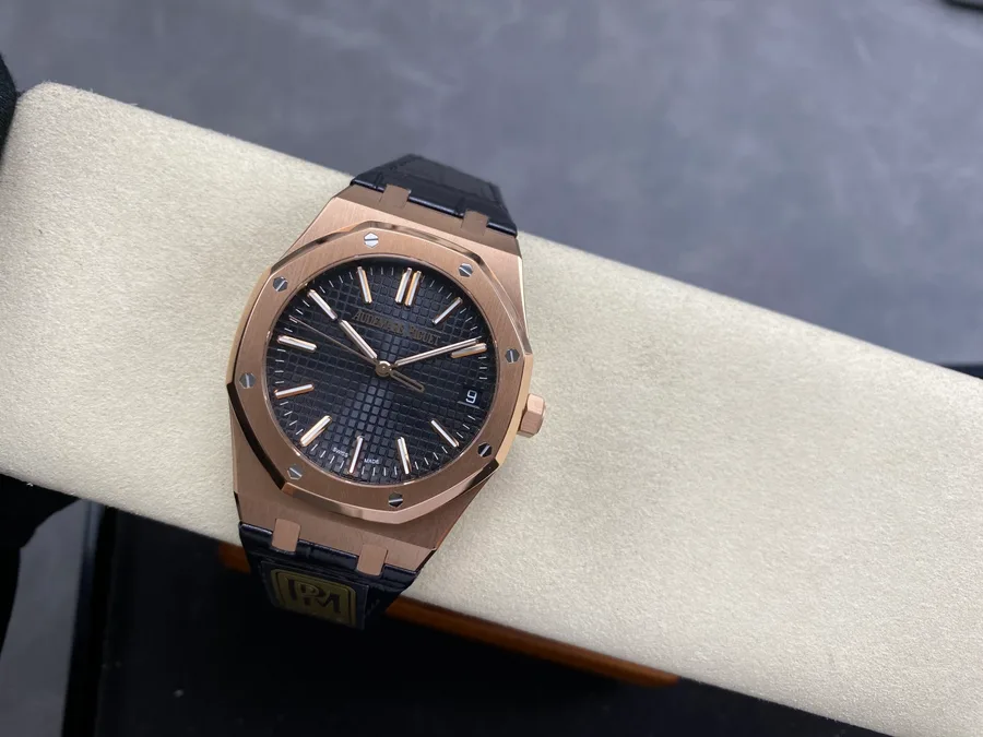 Audemars Piguet Royal Oak 15500OR Rose Gold Black Dial Leather Strap Gained Weight 168g 41mm Super Clone Watch - Angle 2 - Jack Watches USA