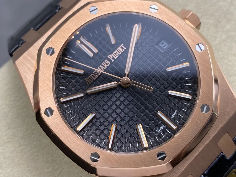 Audemars Piguet Royal Oak 15500OR Rose Gold Black Dial Leather Strap Gained Weight 168g 41mm Super Clone Watch - Angle 3 - Jack Watches USA