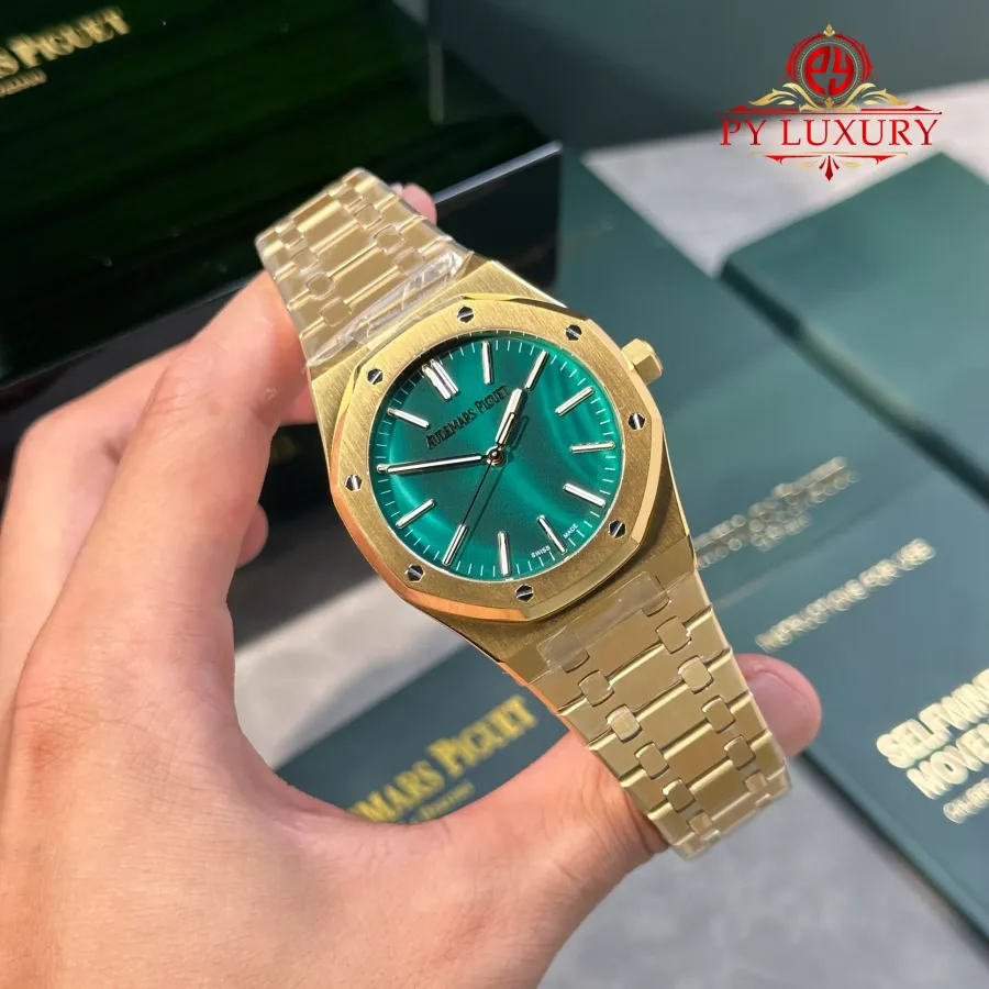 Audemars Piguet Royal Oak 15513BA Yellow Gold Malachite Stone Dial APW 41mm Super Clone Watch - Angle 2 - Jack Watches USA