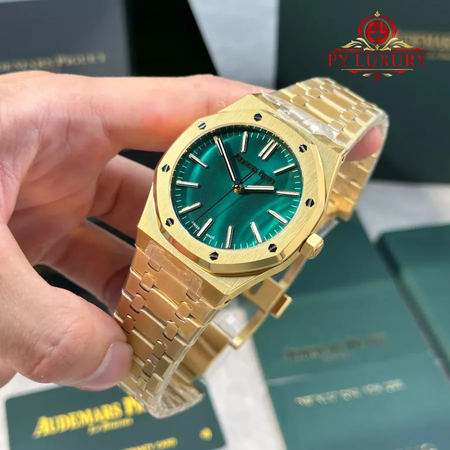 Audemars Piguet Royal Oak 15513BA Yellow Gold Malachite Stone Dial APW 41mm Super Clone Watch - Angle 3 - Jack Watches USA