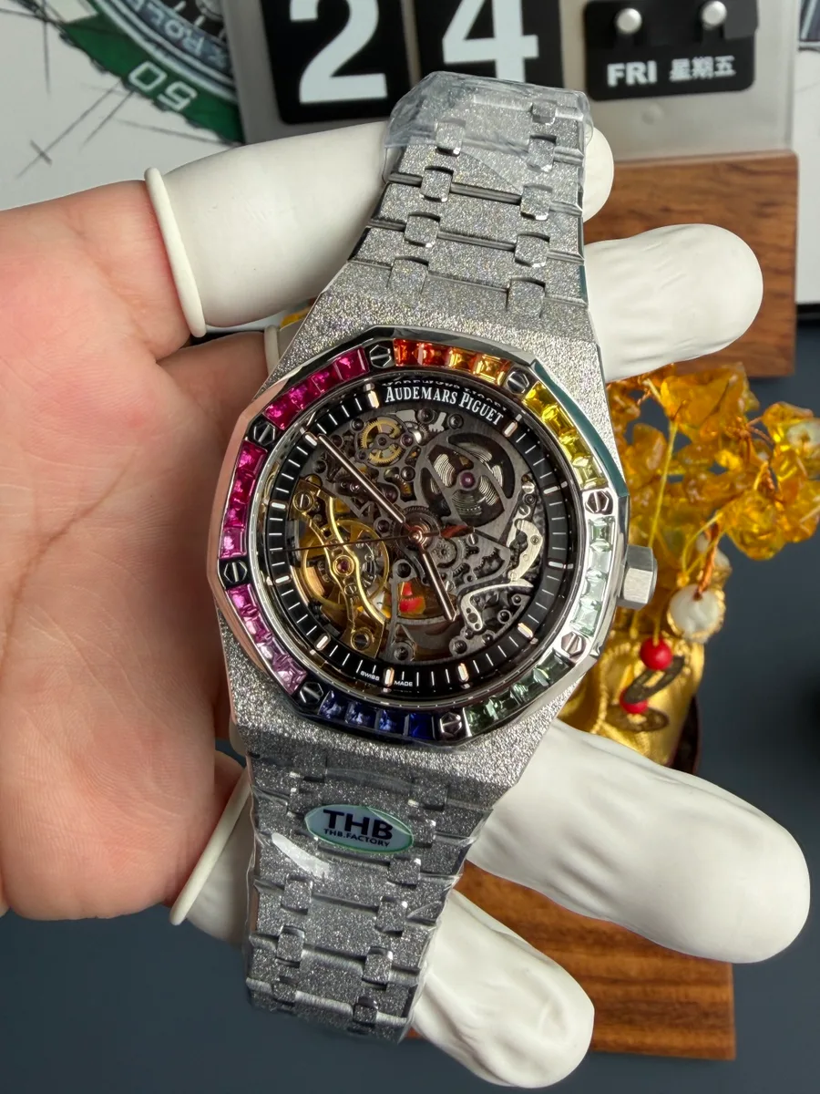 Audemars Piguet Royal Oak Frosted White Gold Openworked 15412BC Skeleton Dial THB 41mm Super Clone Watch - Angle 2 - Jack Watches USA