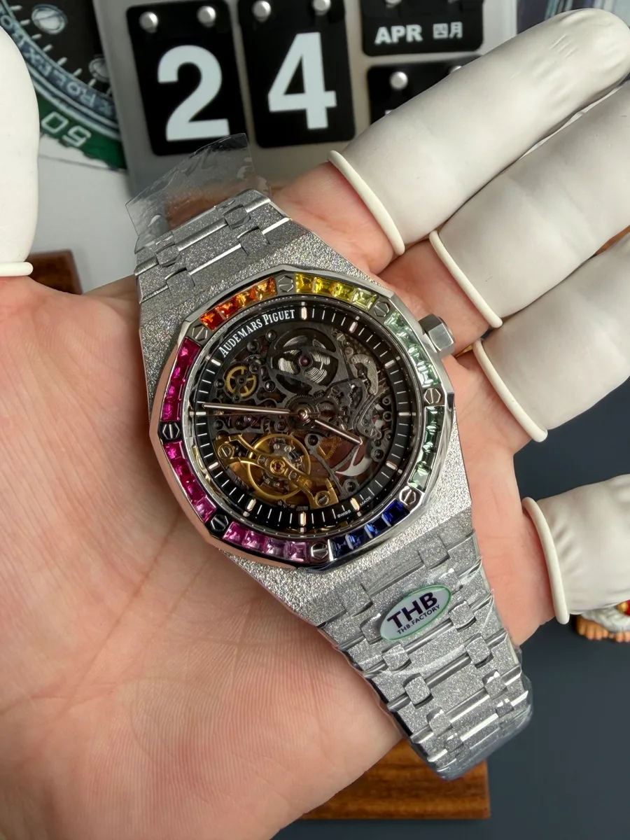 Audemars Piguet Royal Oak Frosted White Gold Openworked 15412BC Skeleton Dial THB 41mm Super Clone Watch - Angle 3 - Jack Watches USA