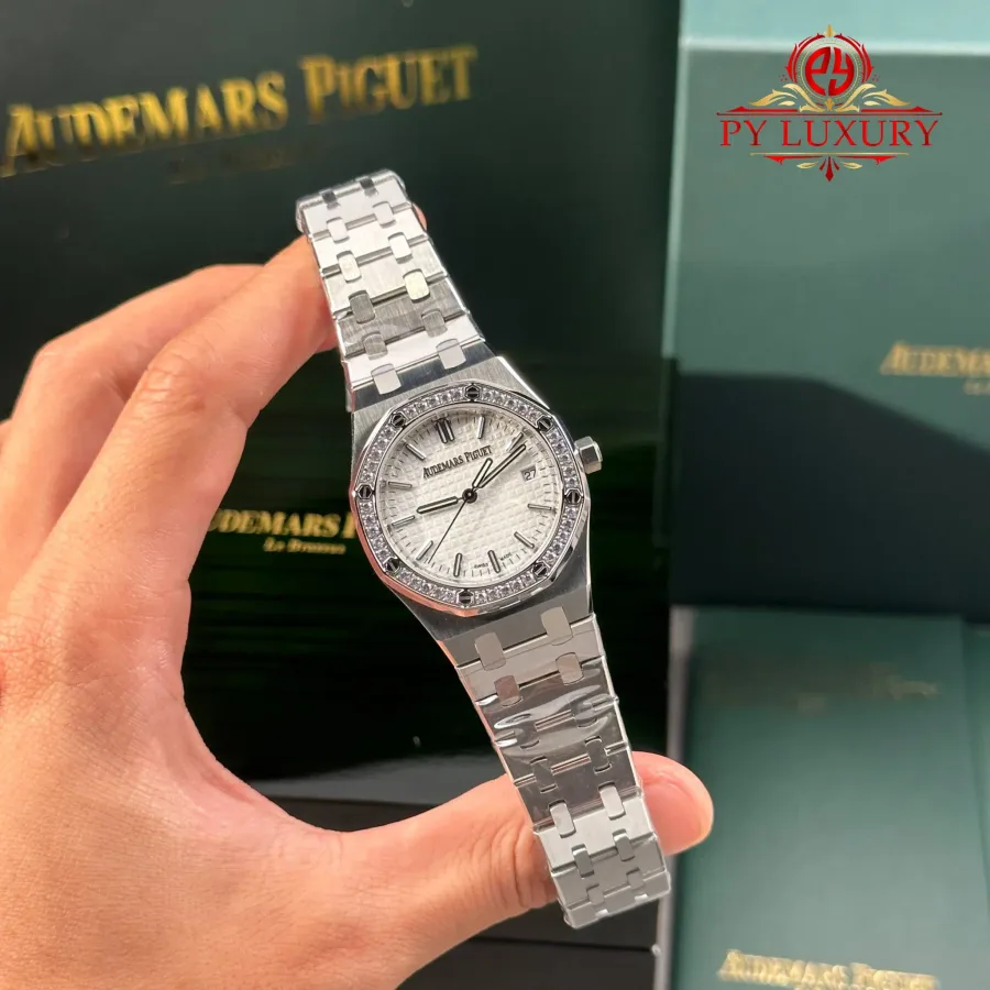 Audemars Piguet Royal Oak Lady White Dial Diamond Bezel 34mm Super Clone Watch - Angle 2 - Jack Watches USA