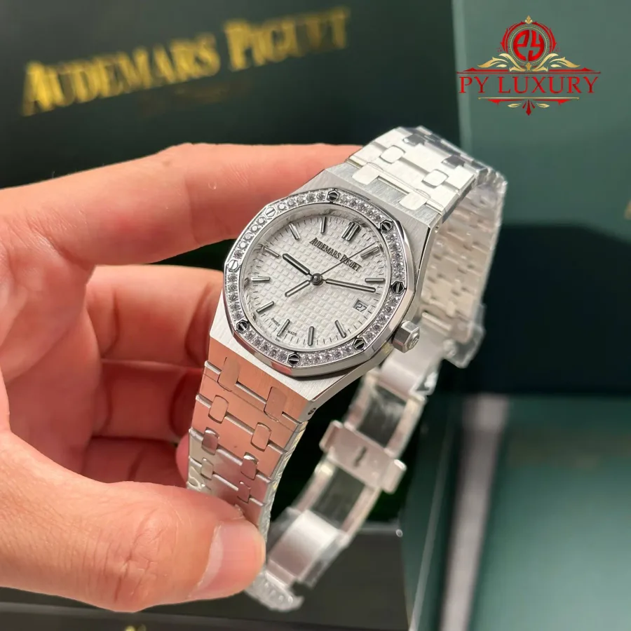 Audemars Piguet Royal Oak Lady White Dial Diamond Bezel 34mm Super Clone Watch - Angle 3 - Jack Watches USA