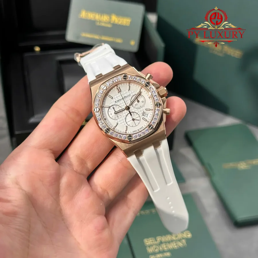 Audemars Piguet Royal Oak Offshore 26231OR Chronograph Rose Gold Silver-toned Dial Diamond Bezel 37mm Super Clone Watch - Angle 2 - Jack Watches USA