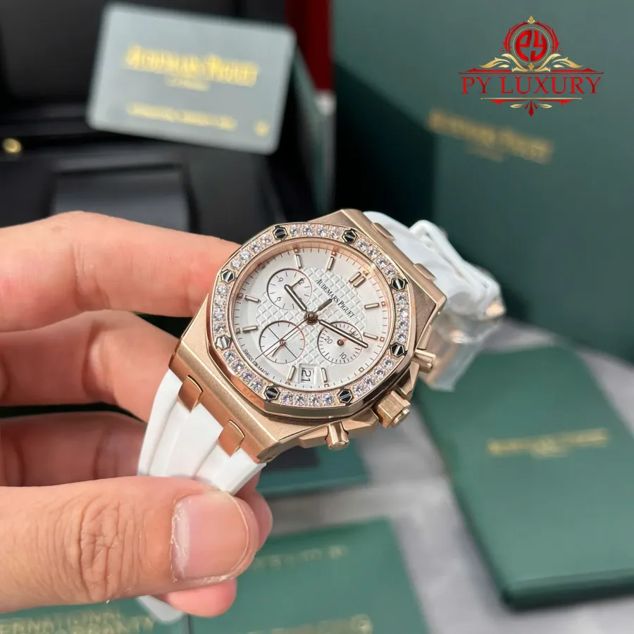 Audemars Piguet Royal Oak Offshore 26231OR Chronograph Rose Gold Silver-toned Dial Diamond Bezel 37mm Super Clone Watch - Angle 3 - Jack Watches USA